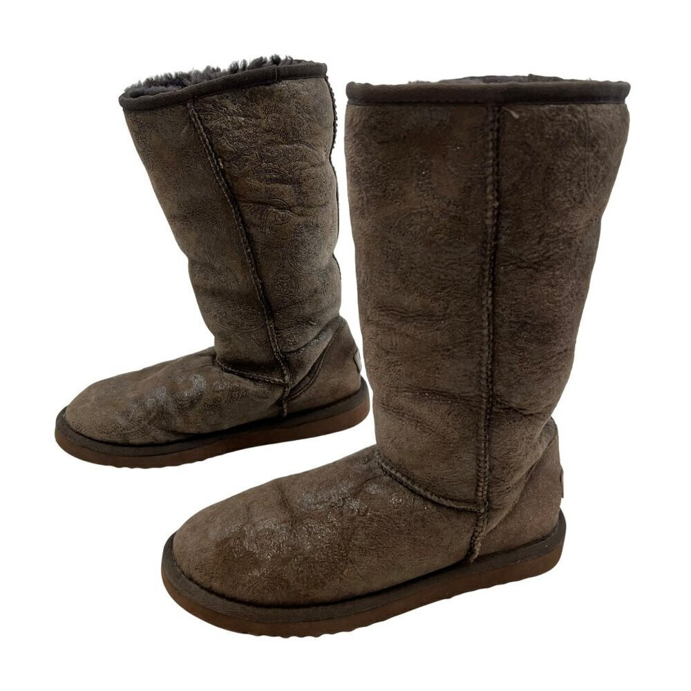 UGG Australia Paisley Print Boots Leather/Sheepskin Lining Brown Size 6W